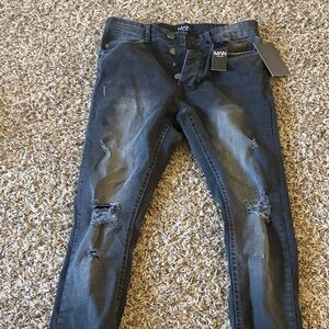 Boohoo Mens Dark Distressed Skinny Jeans